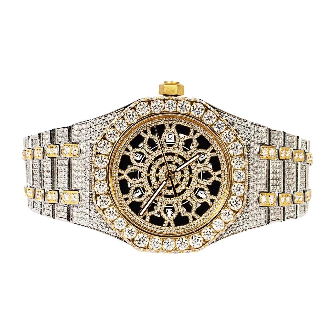 Moissanite Stainless Steel Two Tone Yellow Band Men Watch
