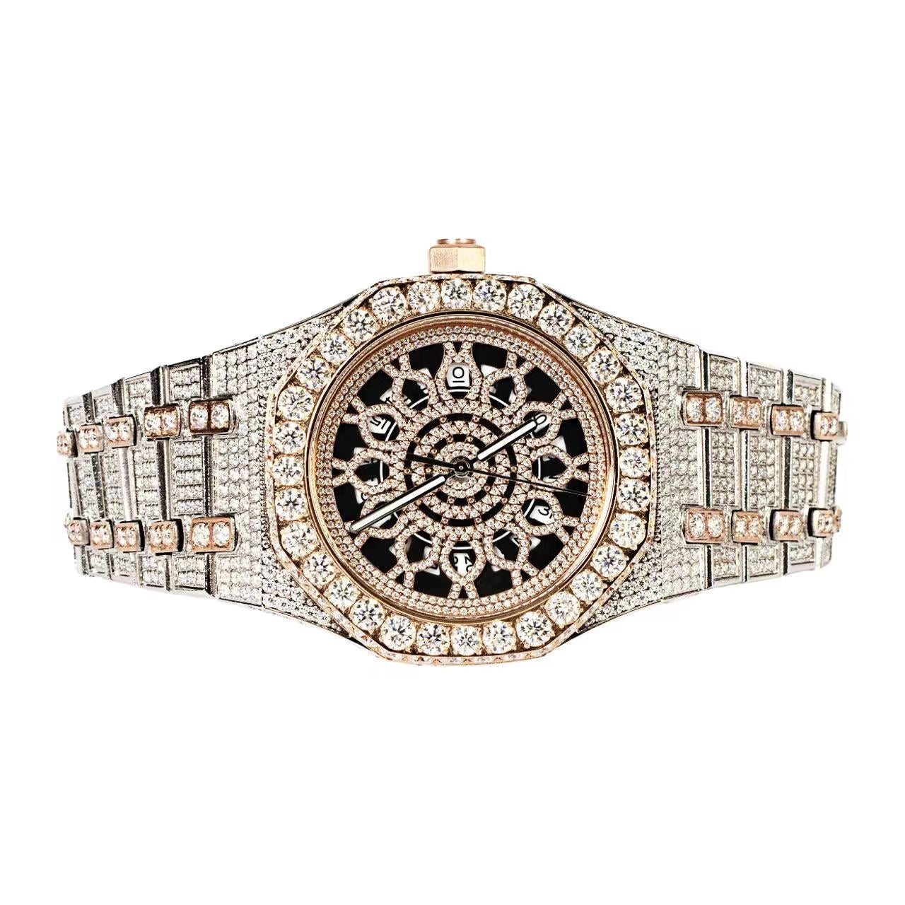 Moissanite Stainless Steel Two Tone Rose Band Men Watch