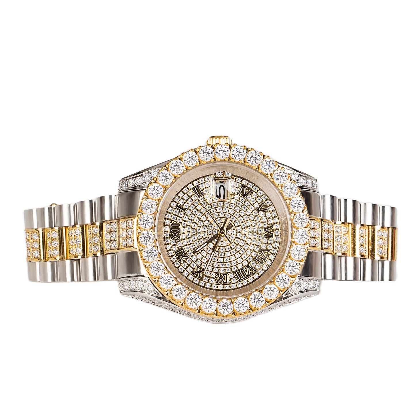 Moissanite Stainless Steel Men Yellow White Two Tone Steel Band Watch