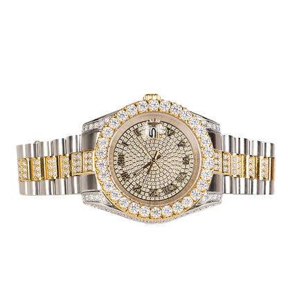 Moissanite Stainless Steel Men Yellow White Two Tone Steel Band Watch