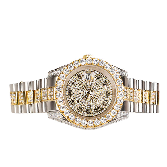 Moissanite Stainless Steel Men Yellow White Two Tone Steel Band Watch