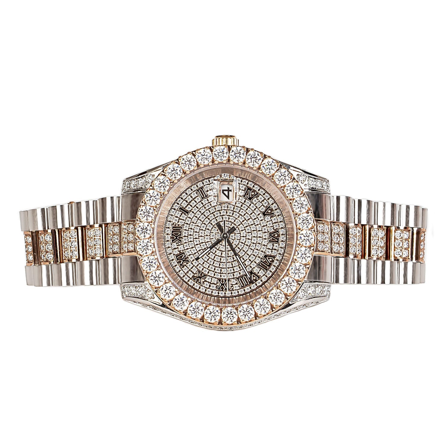 Moissanite Stainless Steel Men Rose White Two Tone Steel Band Watch