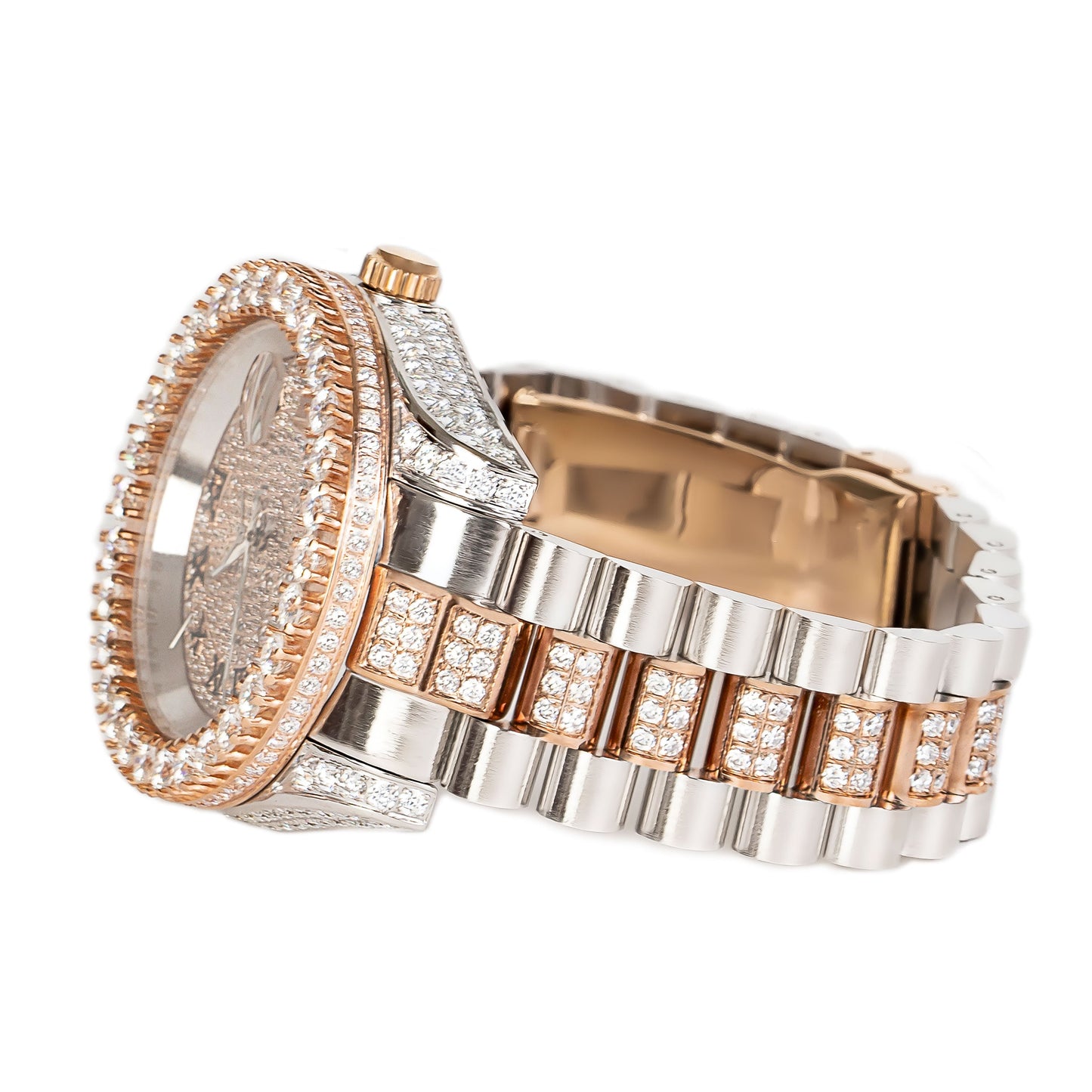Moissanite Stainless Steel Men Rose White Two Tone Steel Band Watch