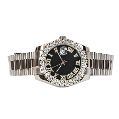Moissanite Stainless Steel Black Dial Men White Steel Band Watch