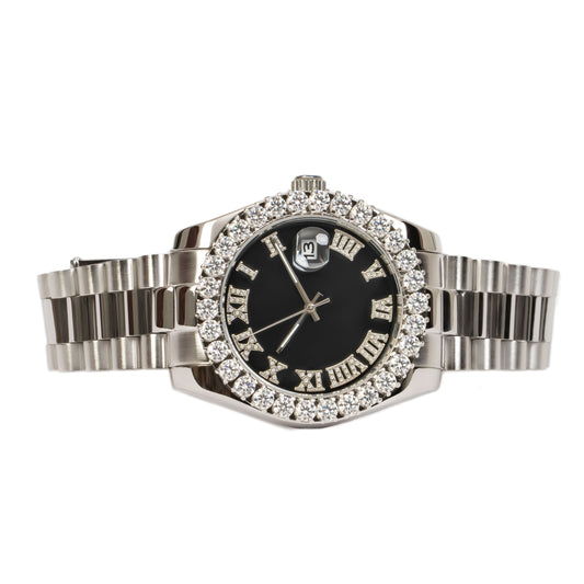 Moissanite Stainless Steel Black Dial Men White Steel Band Watch