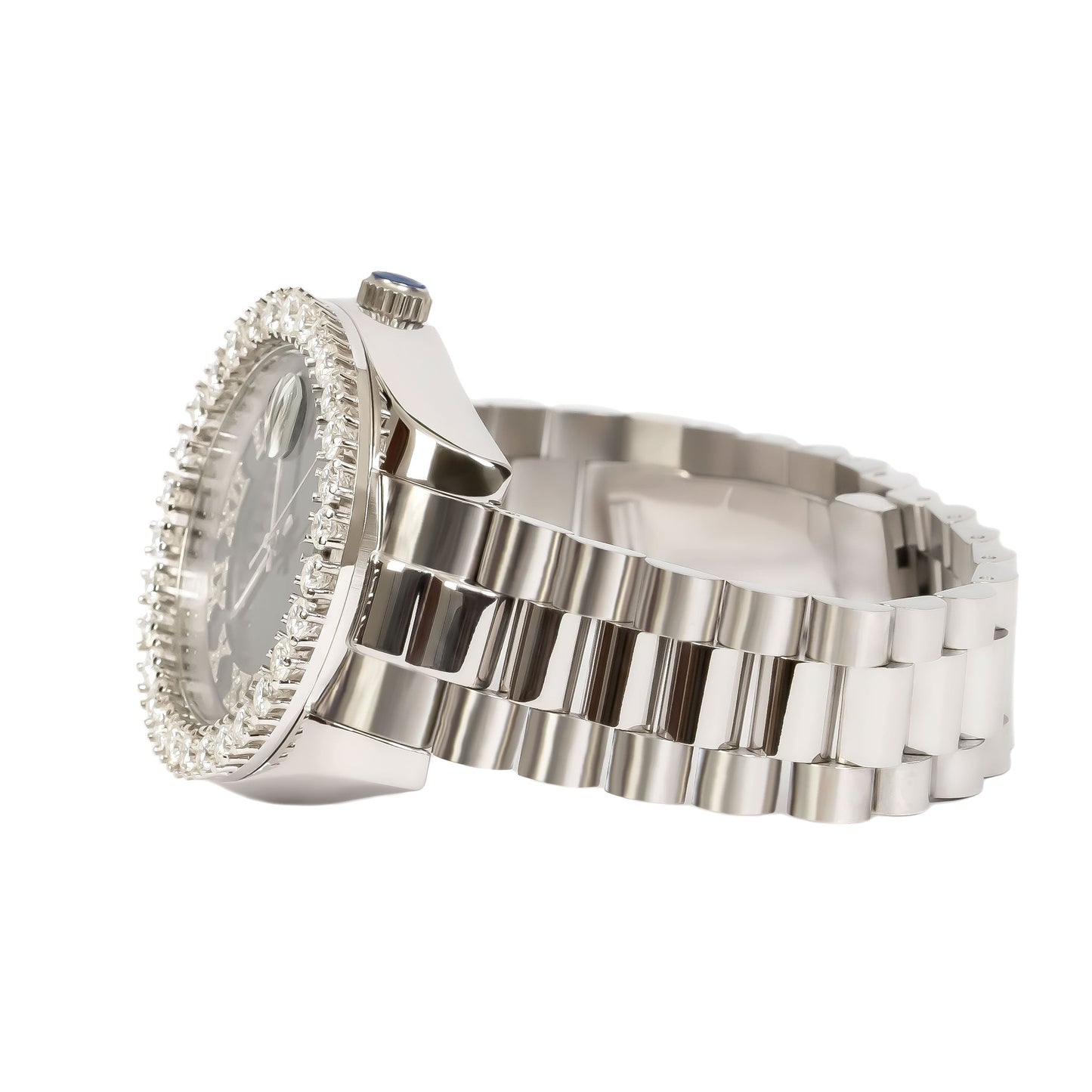 Moissanite Stainless Steel Black Dial Men White Steel Band Watch