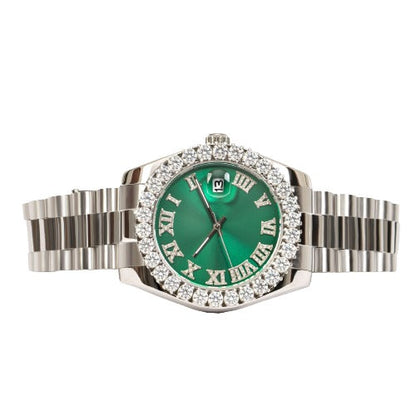 Moissanite Stainless Steel Green Dial Men White Steel Band Watch