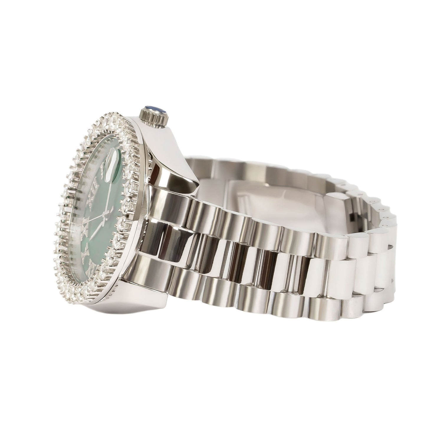 Moissanite Stainless Steel Green Dial Men White Steel Band Watch