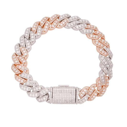 Sterling Silver Round Big Stone in Center Surrounded with Small Stones 12mm Moissanite Cuban Chain 8Inch Bracelet 10-7/8 Ctw