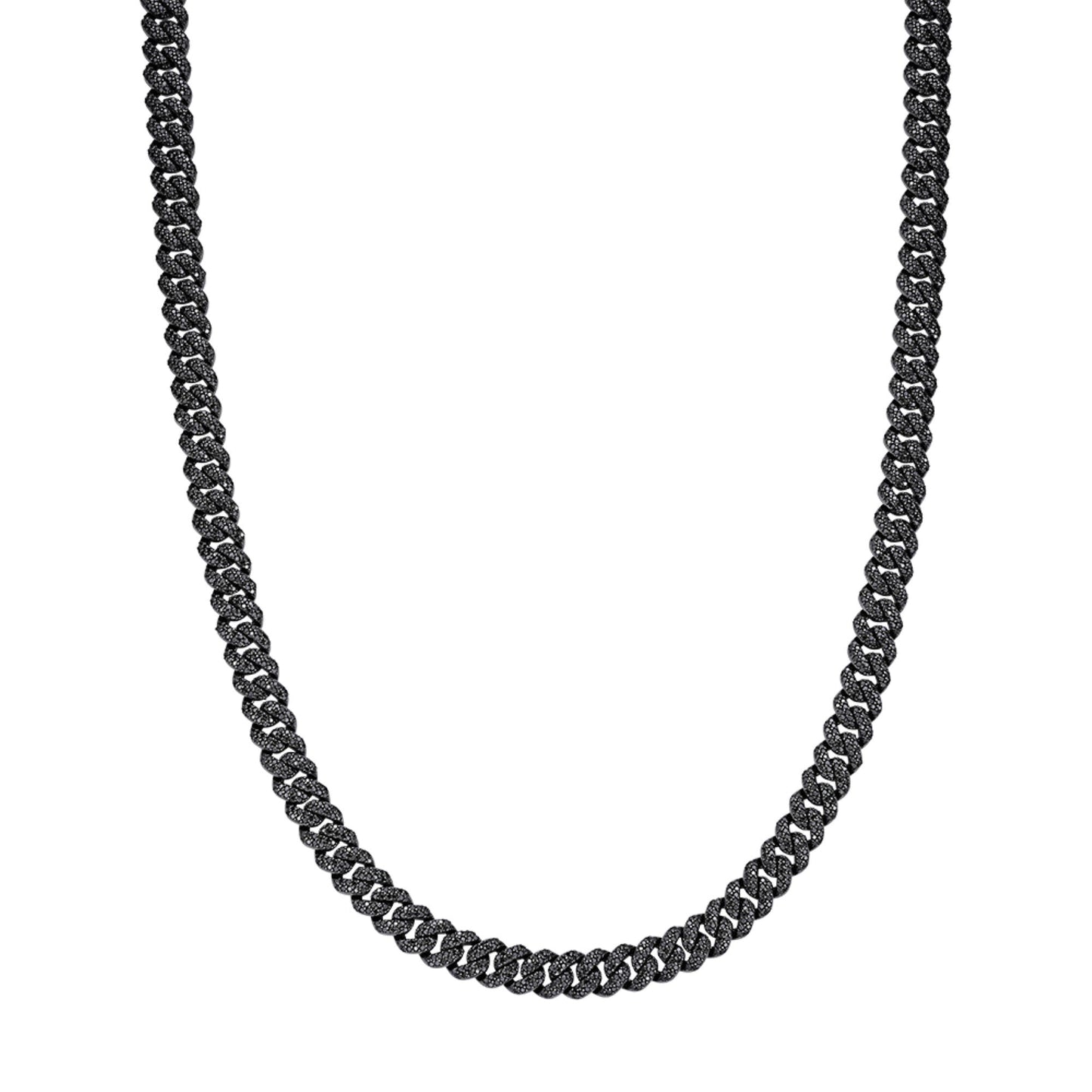 Sterling Silver 8mm Round Black Moissanite Miami Cuban Chain 22 Inch Men Necklace  13-3/4 Ctw