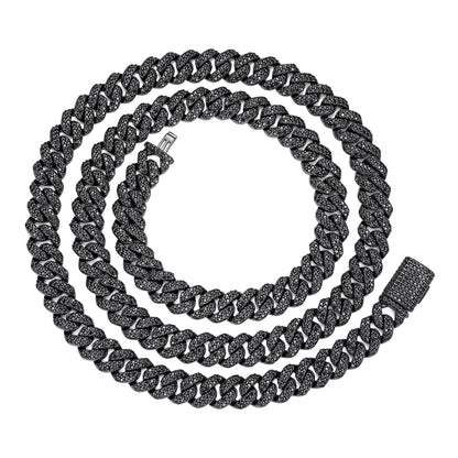 Sterling Silver 8mm Round Black Moissanite Miami Cuban Chain 22 Inch Men Necklace  13-3/4 Ctw