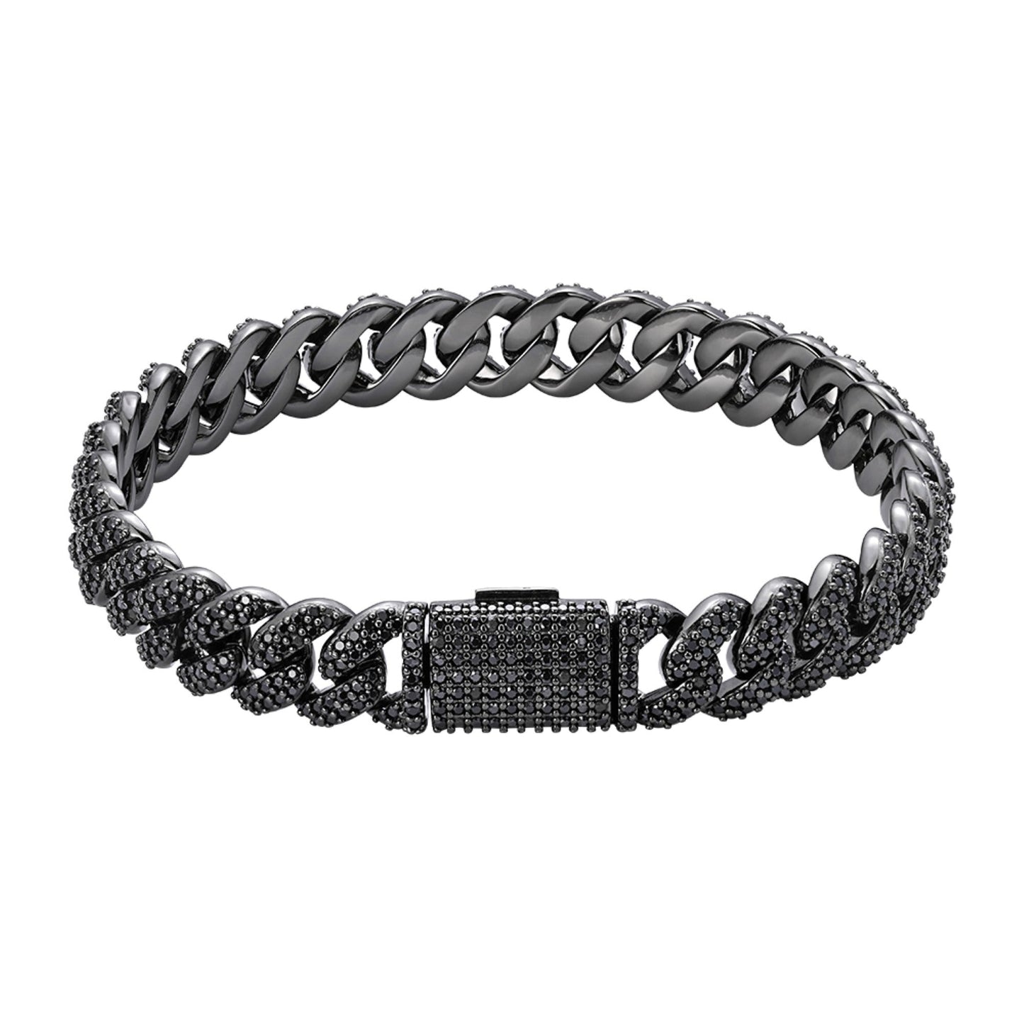 Sterling Silver 10mm Round Black Moissanite Miami Cuban 8 Inch Men Bracelet  5-1/10 Ctw