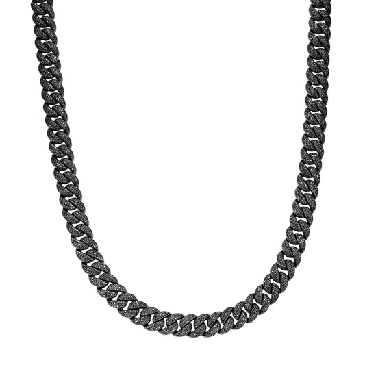 Sterling Silver 12mm Round Black Moissanite Miami Cuban Chain 22 Inch Men Necklace  19-5/8 Ctw
