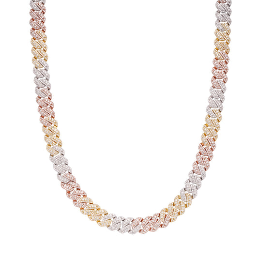 Sterling Silver Round Big Stone in Center Surrounded with Small Stones 10mm Moissanite Cuban Chain 22Inch Necklace 18-3/8 Ctw