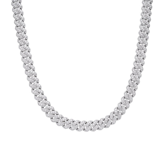 Sterling Silver Round Big Stone in Center Surrounded with Small Stones 12mm Moissanite Cuban Chain 22Inch Necklace 30 Ctw