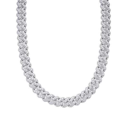 Sterling Silver Round Big Stone in Center Surrounded with Small Stones 14mm Moissanite Cuban Chain 22Inch Necklace 34 Ctw