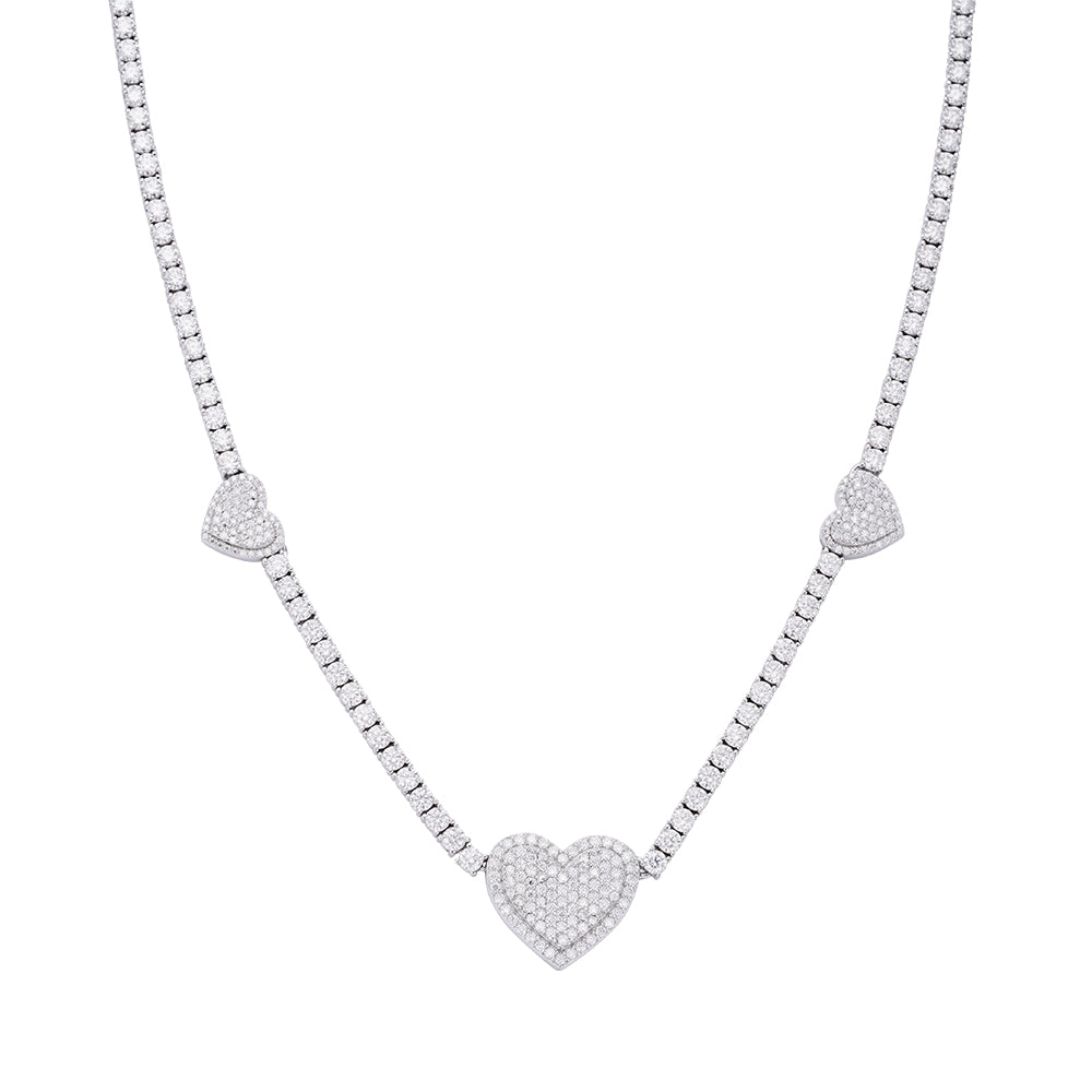 Sterling Silver Round Moissanite 15mm Heart Designer With 3mm Tennis Chain 18 Inch Necklace 1-1/3 Ctw