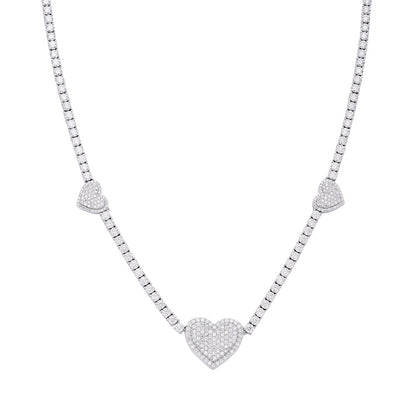 Sterling Silver Round Moissanite 15mm Heart Designer With 3mm Tennis Chain 18 Inch Necklace 1-1/3 Ctw