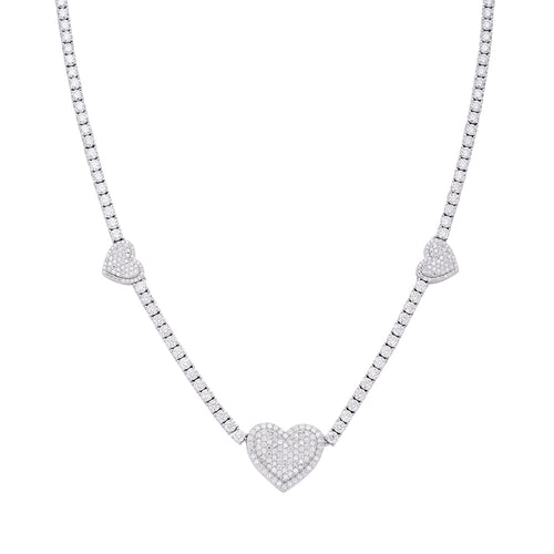 Sterling Silver Round Moissanite 15mm Heart Designer With 3mm Tennis Chain 18 Inch Necklace 1-1/3 Ctw