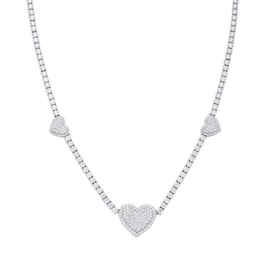 Sterling Silver Round Moissanite 15mm Heart Designer With 3mm Tennis Chain 18 Inch Necklace 1-1/3 Ctw