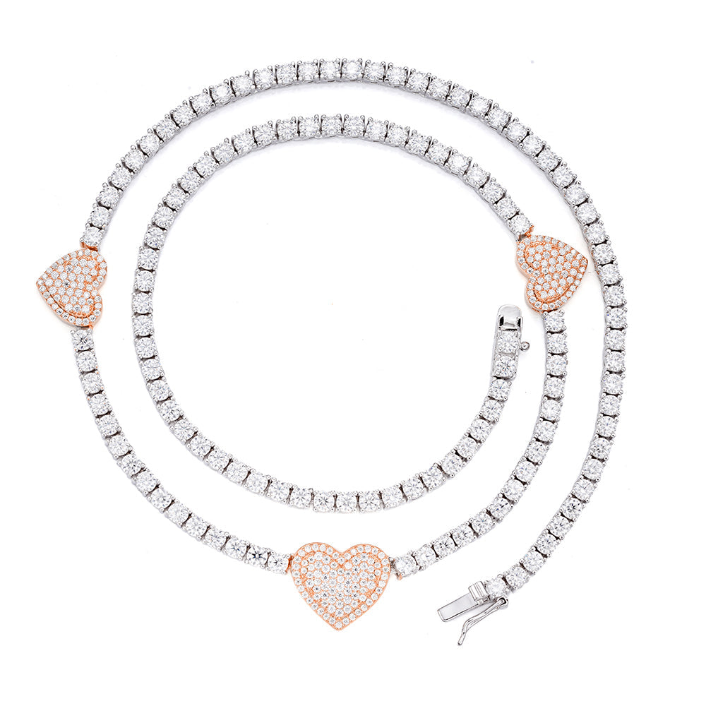 Sterling Silver Round Moissanite 15mm Heart Designer With 3mm Tennis Chain 18 Inch Necklace 1-1/3 Ctw