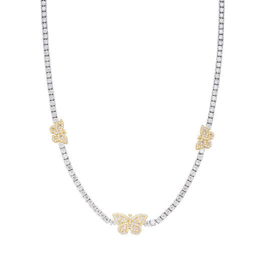 Sterling Silver Round Baguette Moissanite Butterfly Designer 18 Inch Necklace 1-5/8 Ctw