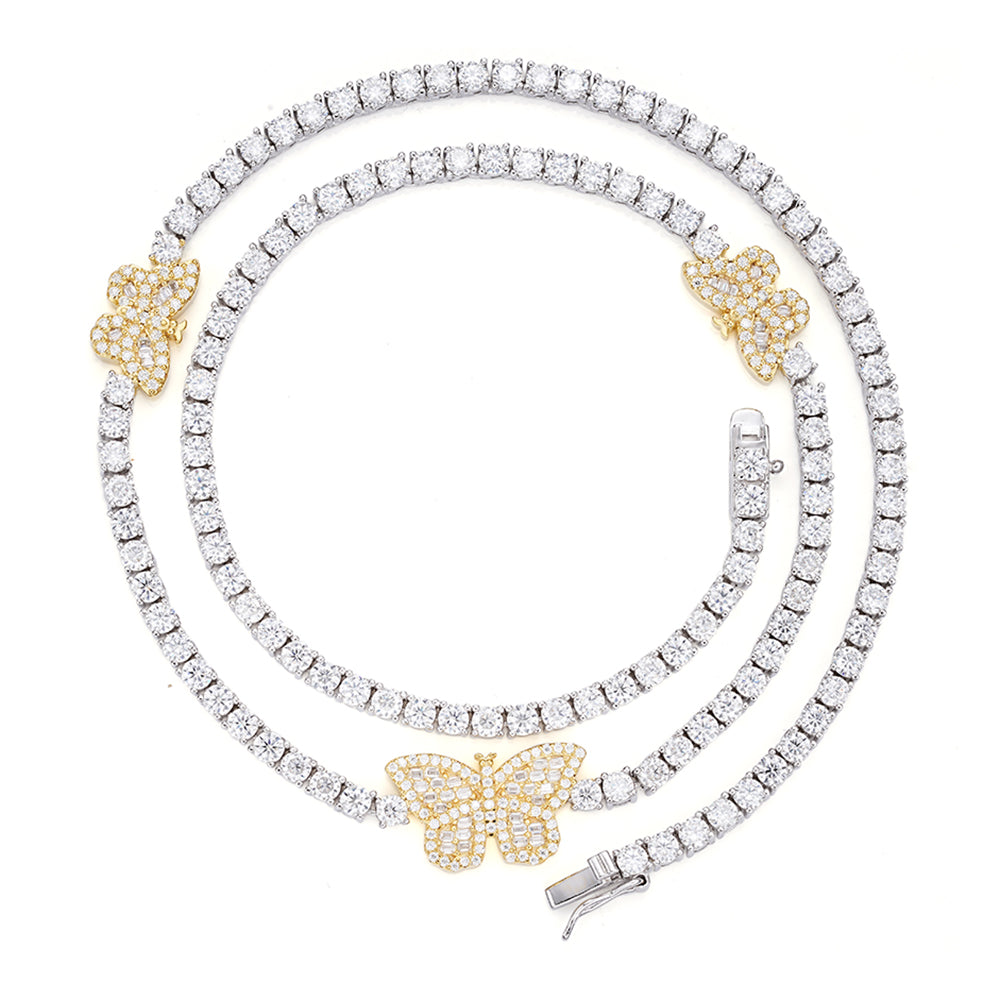 Sterling Silver Round Baguette Moissanite Butterfly Designer 18 Inch Necklace 1-5/8 Ctw