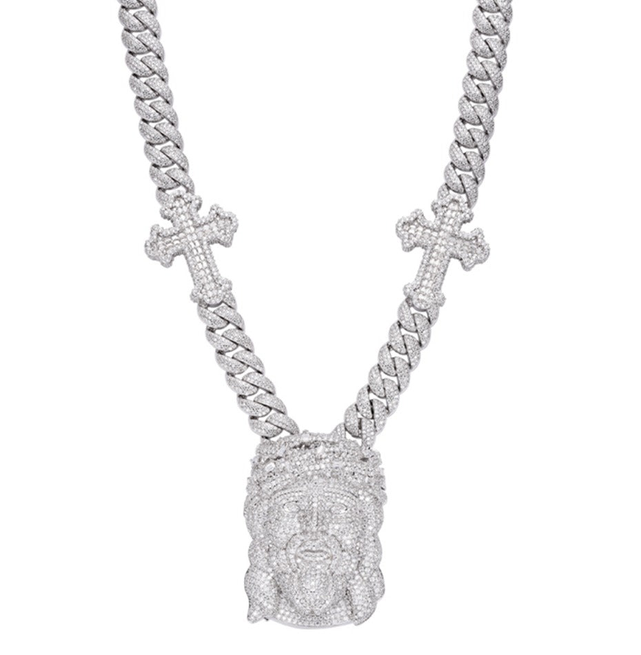 Sterling Silver Round Baguette Moissanite Jesus & Cross Cuban Designer 22Inch Necklace 38-1/2 Ctw