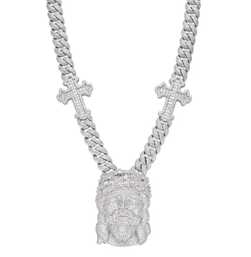 Sterling Silver Round Baguette Moissanite Jesus & Cross Cuban Designer 22Inch Necklace 38-1/2 Ctw