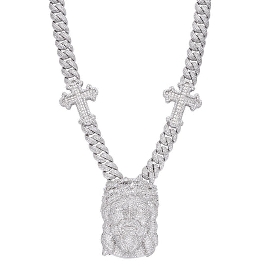 Sterling Silver Round Baguette Moissanite Jesus & Cross Cuban Designer 22Inch Necklace 38-1/2 Ctw