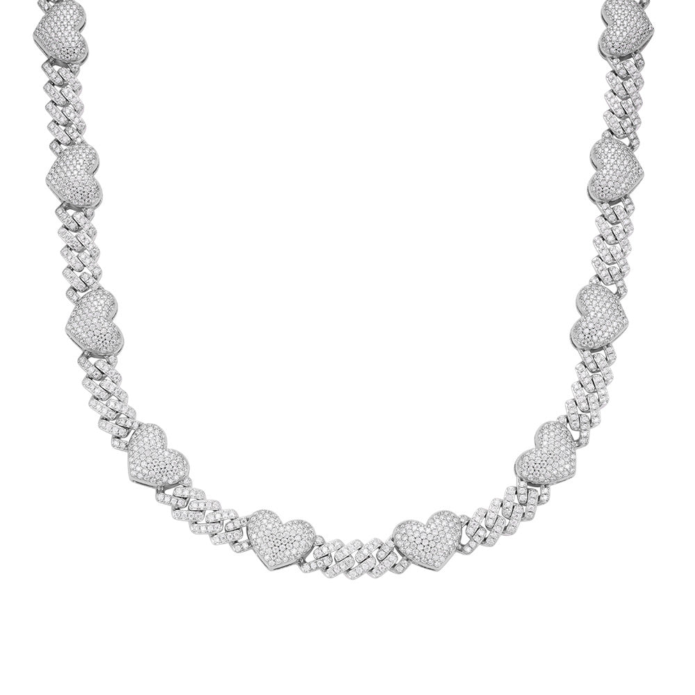 Sterling Silver Round Moissanite Cuban Heart Link Designer 18 Inch Necklace 15-1/2 Ctw