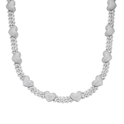 Sterling Silver Round Moissanite Cuban Heart Link Designer 18 Inch Necklace 15-1/2 Ctw
