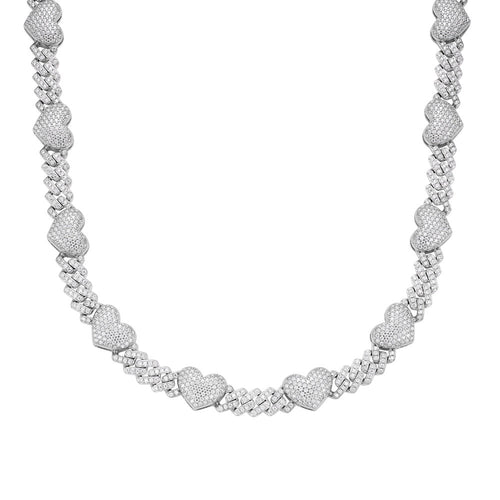 Sterling Silver Round Moissanite Cuban Heart Link Designer 18 Inch Necklace 15-1/2 Ctw