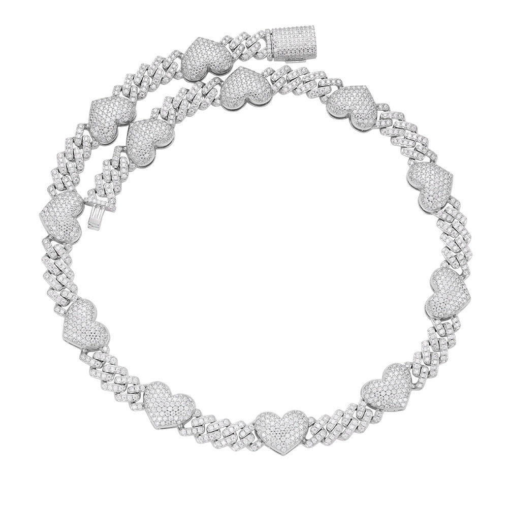 Sterling Silver Round Moissanite Cuban Heart Link Designer 18 Inch Necklace 15-1/2 Ctw