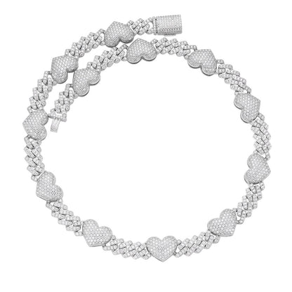 Sterling Silver Round Moissanite Cuban Heart Link Designer 18 Inch Necklace 15-1/2 Ctw