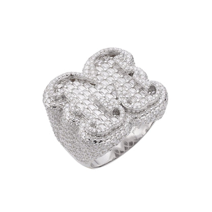 Sterling Silver Round Baugette Moissanite Albhabet M letter Initial Size 10 Men Ring 9-1/8 Ctw