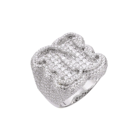 Sterling Silver Round Baugette Moissanite Albhabet N letter Initial Size 10 Men Ring 8-3/4 Ctw