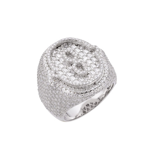 Sterling Silver Round Baugette Moissanite Albhabet O letter Initial Size 10 Men Ring 6-3/8 Ctw