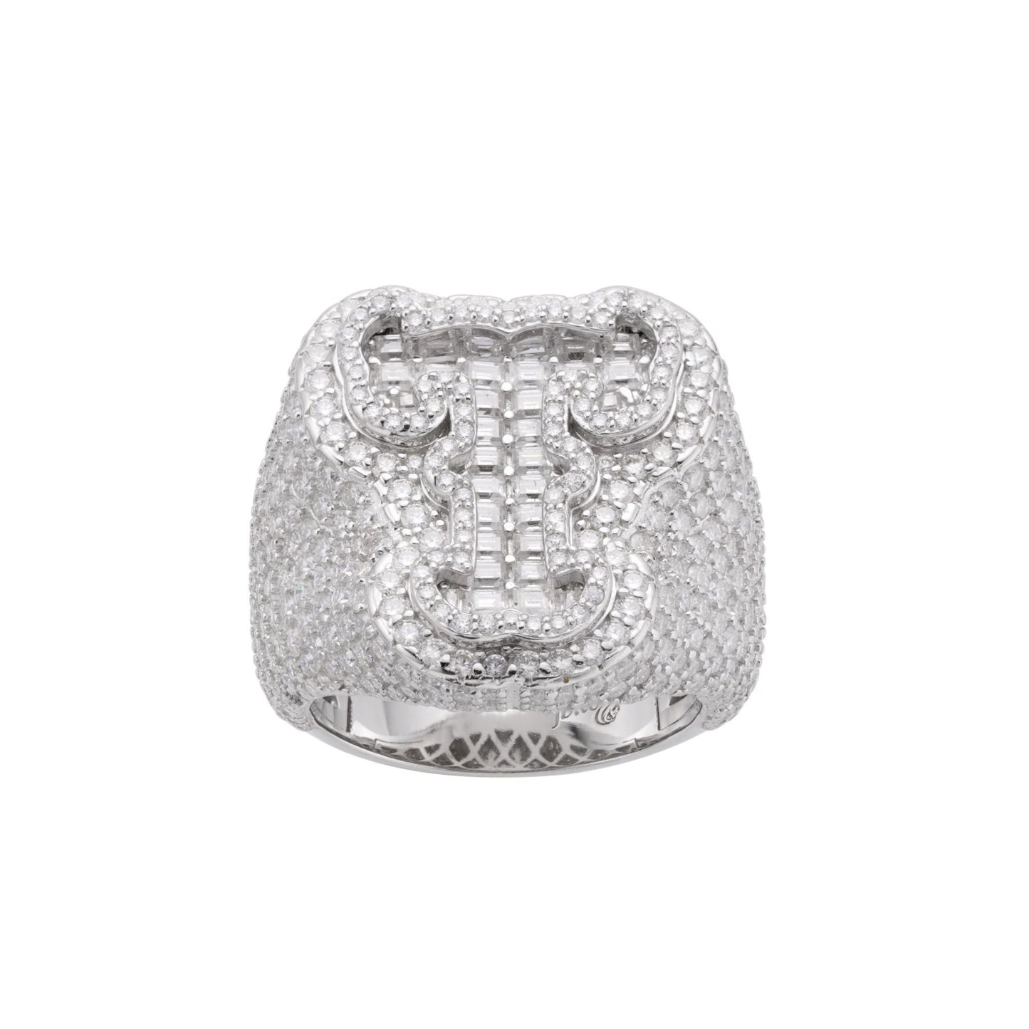 Sterling Silver Round Baugette Moissanite Albhabet T letter Initial Size 10 Men Ring 6-3/4 Ctw