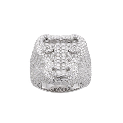 Sterling Silver Round Baugette Moissanite Albhabet T letter Initial Size 10 Men Ring 6-3/4 Ctw