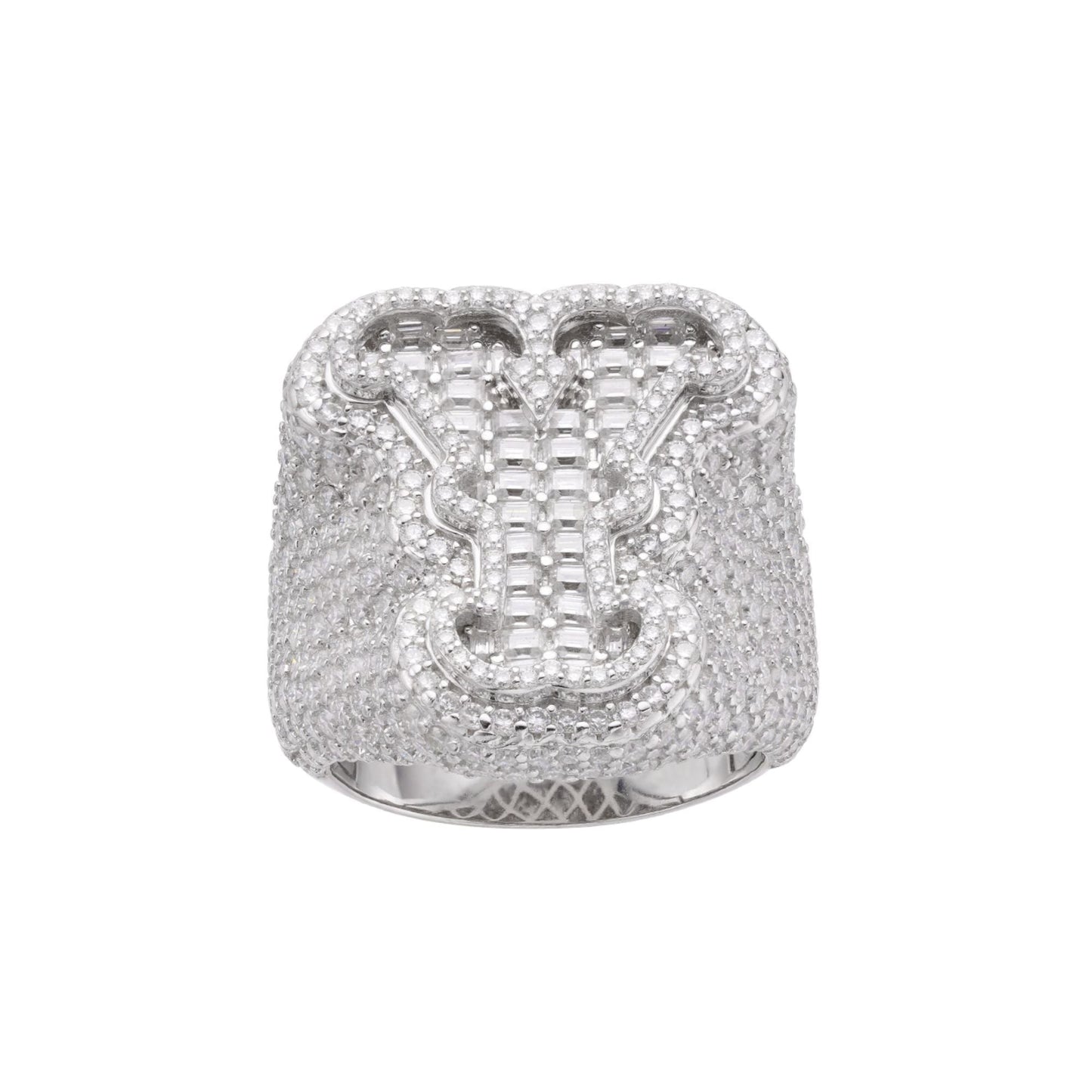 Sterling Silver Round Baugette Moissanite Albhabet Y letter Initial Size 10 Men Ring 6-7/8 Ctw