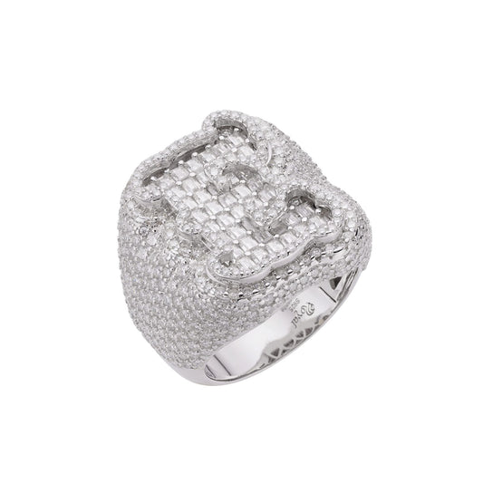 Sterling Silver Round Baugette Moissanite Albhabet E letter Initial Size 10 Men Ring 7-1/4 Ctw
