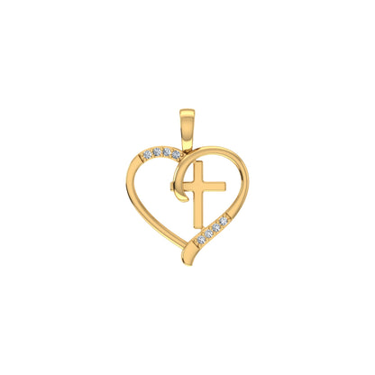 10K Yellow Gold Round Diamond Heart with Cross Pendant 1/25 Ctw