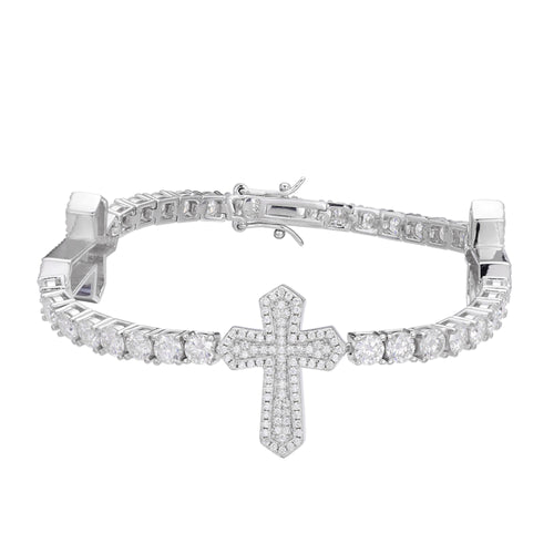 Sterling Silver Round Moissanite Cross Religious Bracelet 8.5 Inch 12-1/3 Ctw