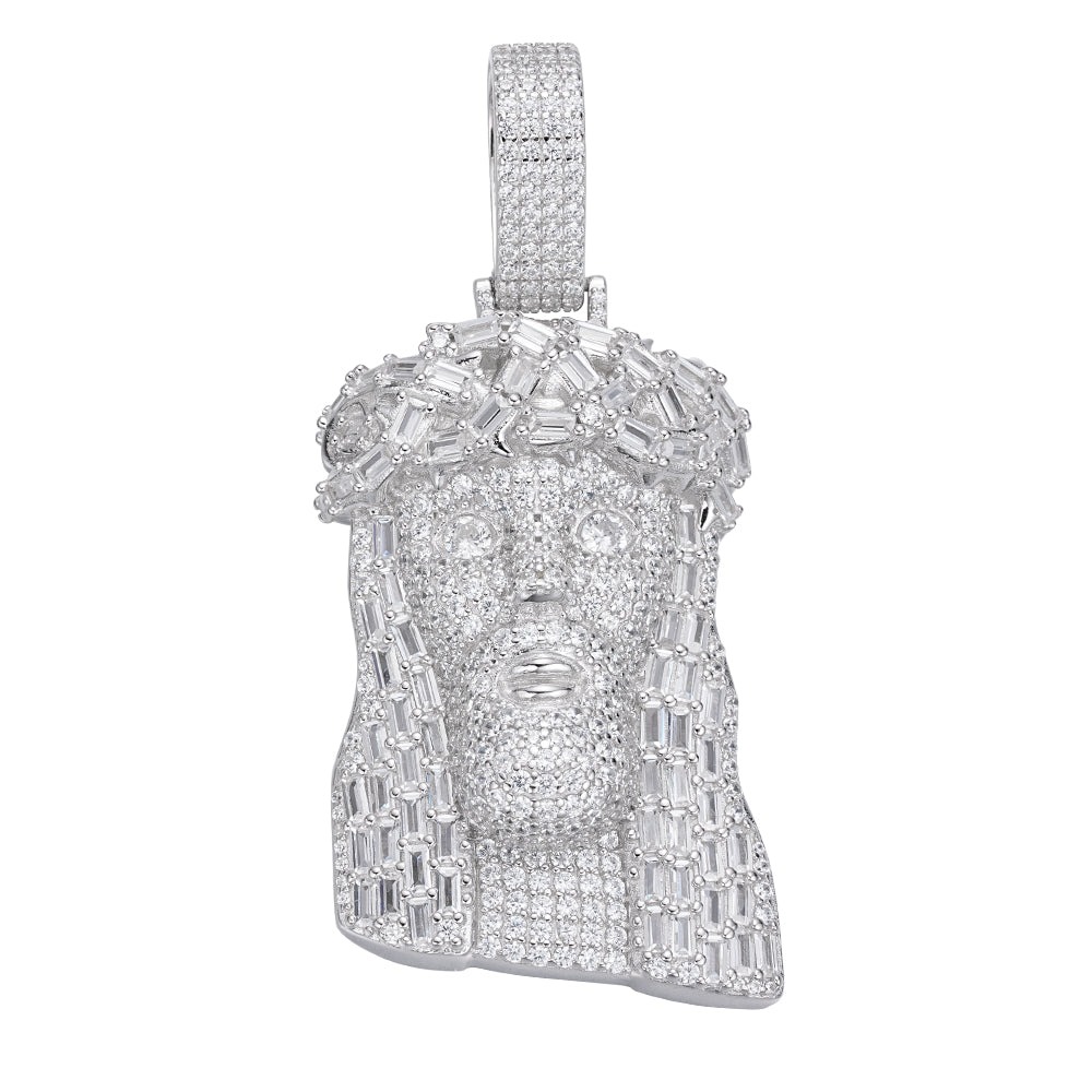 Sterling Silver 45mm Round Baguette Moissanite Jesus Face Religious Pendant 8-7/8 Ctw