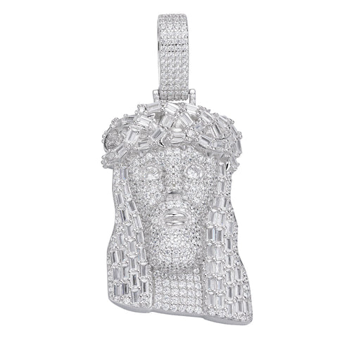 Sterling Silver 45mm Round Baguette Moissanite Jesus Face Religious Pendant 8-7/8 Ctw