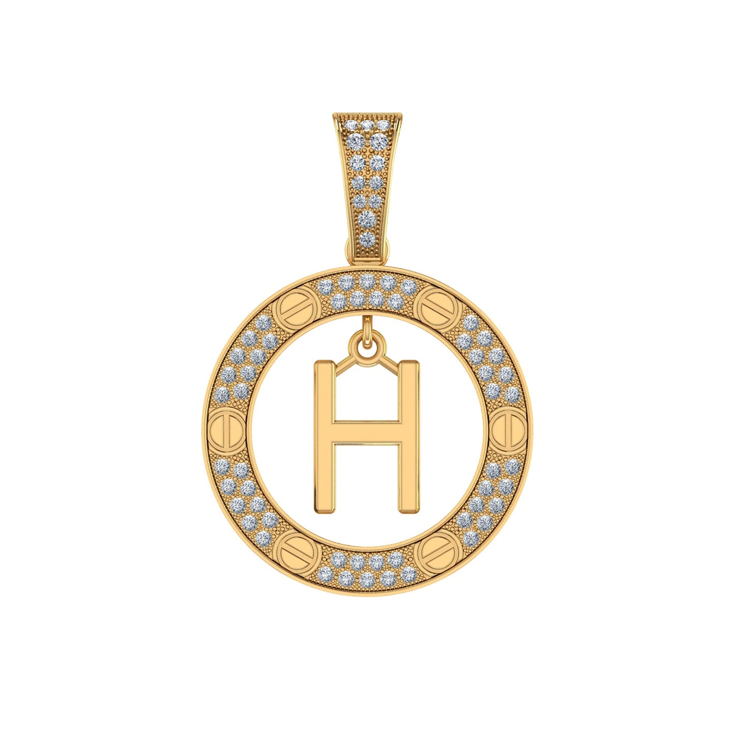 10K Yellow Gold Round Diamond H Letter Initial Pendant 1/5 Ctw