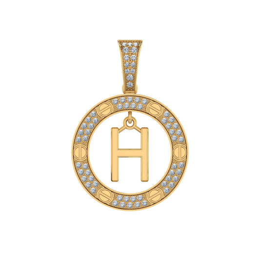 10K Yellow Gold Round Diamond H Letter Initial Pendant 1/5 Ctw