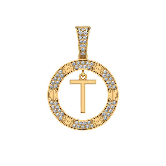 10K Yellow Gold Round Diamond T Letter Initial Pendant 1/5 Ctw