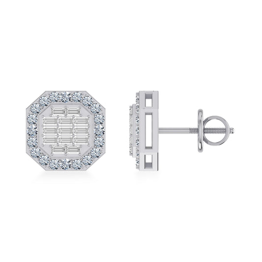 14K White Gold Round Baguette Diamond Designer Stud Earrings 1/2 Ctw